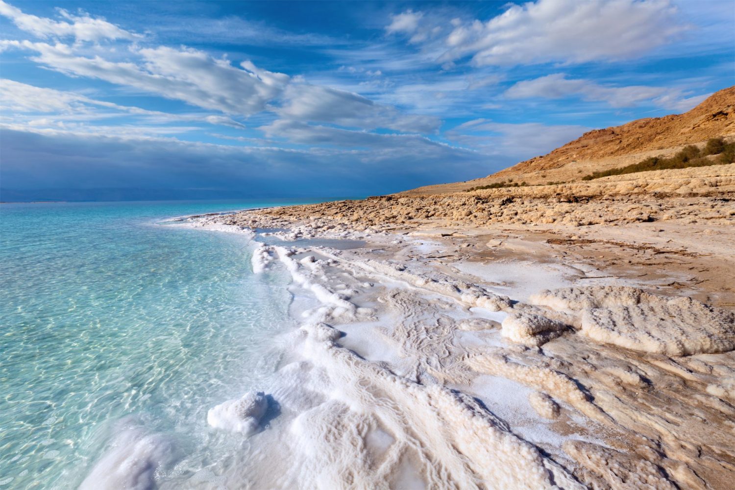 Salt formations along the turquoise shore of the Dead Sea